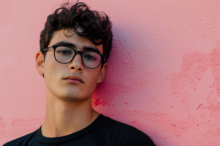 Portrait of young handsome man with curly hair and eyeglassesの素材