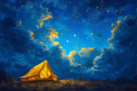 Camping tent in the night sky with clouds and stars, illustrationの素材