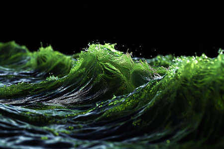 Green wave with water drops on black background.の素材