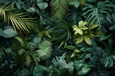 Green tropical leaves background, top view. Flat lay, layout, summer conceptの素材