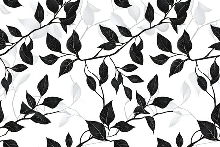 Seamless pattern with black and white leaves on white background.の素材
