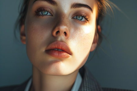 Close-up portrait of a beautiful young woman with blue eyes.の素材