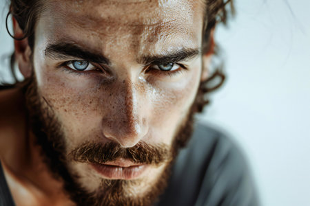 Close up portrait of a handsome young man with beard and mustache.の素材