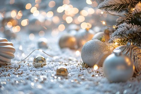 Christmas background with decorations and bokeh lights. Copy space.の素材