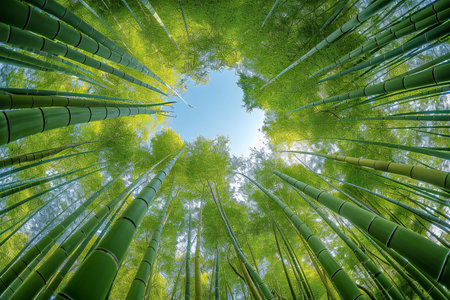 Bamboo forest with blue sky background, Arashiyama, Kyoto, Japanの素材