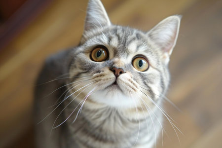 Close-up portrait of a beautiful tabby cat with yellow eyesの素材