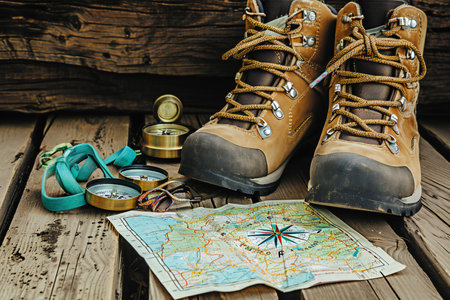 Hiking boots, compass and map on a wooden background. Travel conceptの素材