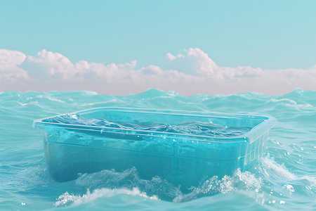 Plastic container with water on the background of the sea and skyの素材