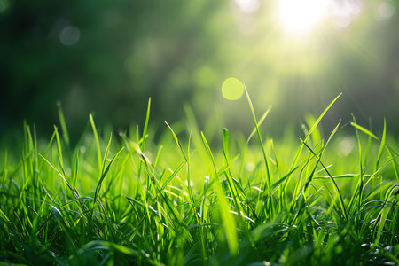 Fresh green grass in sunlight. Nature background. Close-up.の素材