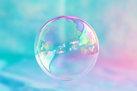 Colorful soap bubbles on blue and pink background. Abstract background.の素材