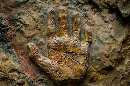 Close up of the hand of a child on a stone background.の素材