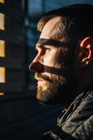 Portrait of a young man with a beard on the street.の素材