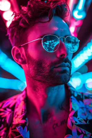 Portrait of handsome young man with sunglasses and stylish hairstyle in neon lightsの素材
