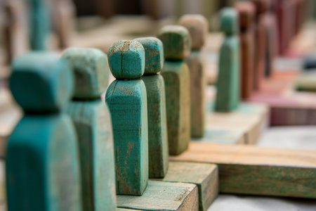 Wooden figures of people in a row. Selective focus.の素材