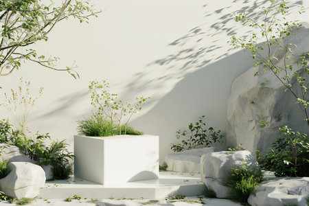 White podium for product presentation in the gardenの素材