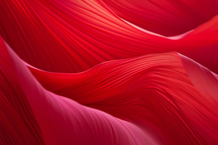 Abstract background of red wavy fabric. Close-up image.の素材