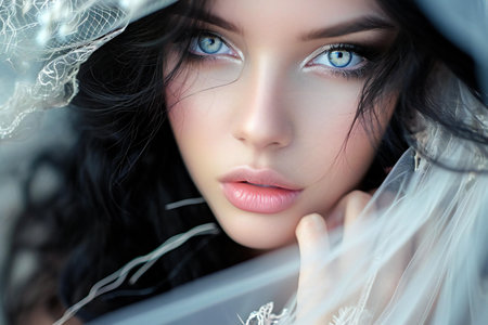 Close-up portrait of a beautiful young woman in a veil.の素材