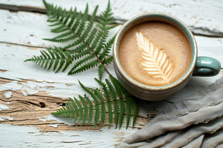 Cup of coffee with fern leaf on white wooden background.の素材