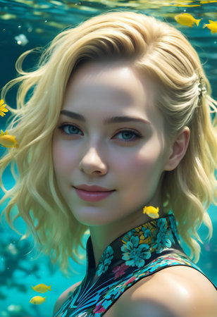 Portrait of a beautiful young blonde woman underwater in the sea.の素材