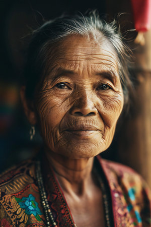 Portrait of an old woman in the village of Mae Salong in the north of Thailand.の素材