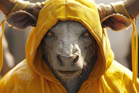 Portrait of a monkey in a yellow raincoat with horns.の素材