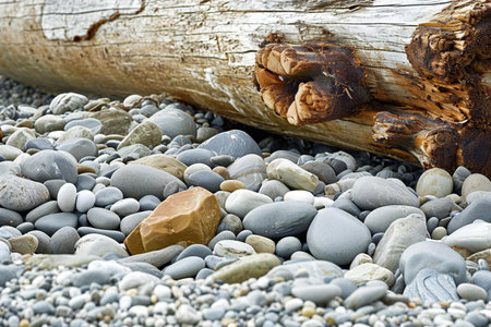 Pebbles and driftwood on the beach. Nature background.の素材