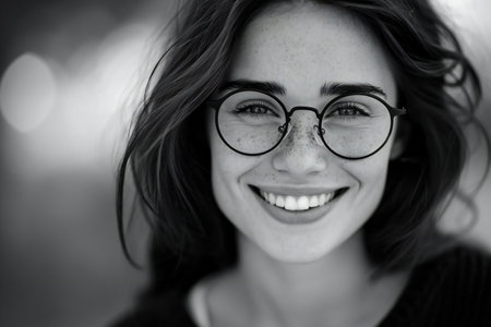 Black and white portrait of a beautiful young woman smiling with glasses.の素材