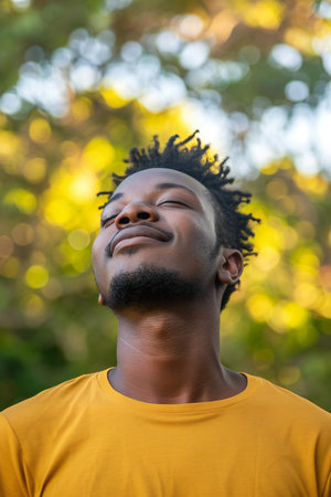 Young african american man in yellow t-shirt on blurred backgroundの素材