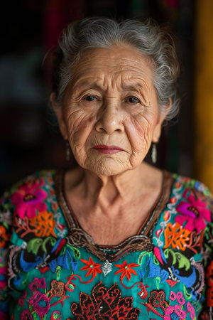 Portrait of an old asian woman with a serious expression.の素材