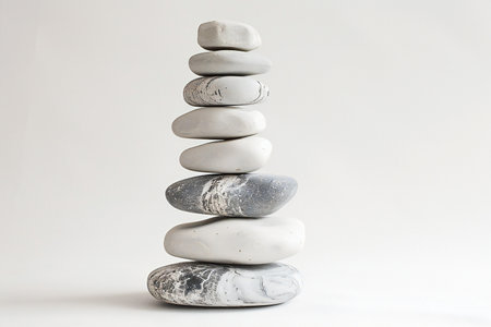 Stack of white pebble stones on white background. Zen conceptの素材