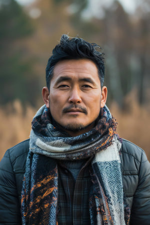 Portrait of a handsome asian man wearing winter clothes and scarfの素材
