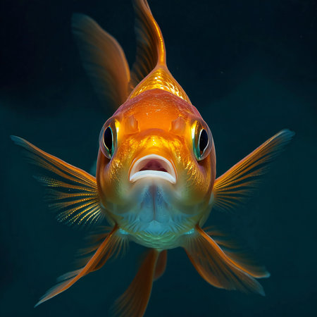 Goldfish in water. Isolated on black background.の素材