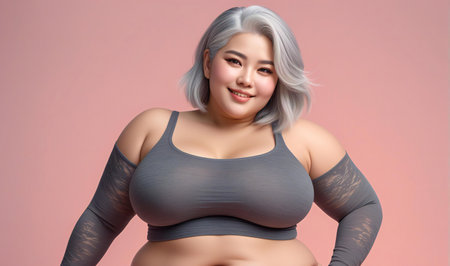 Plus size fat asian woman in gray sportswear on pink backgroundの素材