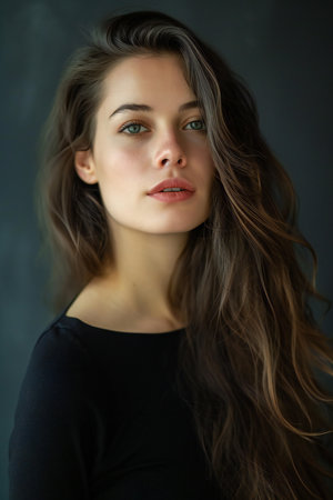 Portrait of a beautiful young woman with long brown hair. Beauty, fashion.の素材