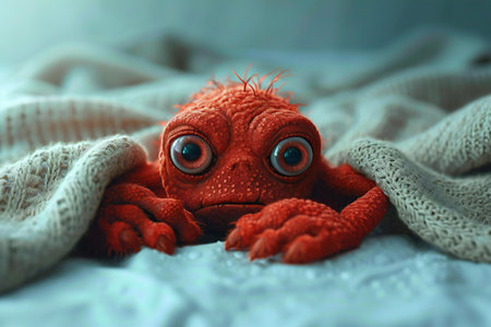 Cute toy frog with big eyes on soft blanket, closeupの素材