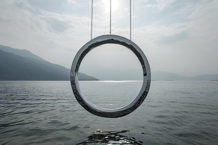 Hanging swing in the middle of the sea on a cloudy dayの素材