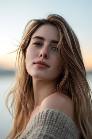 Portrait of a beautiful girl with long hair on the beach.の素材