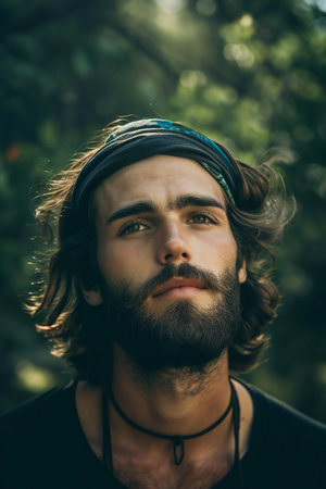 Portrait of a young man with a beard and a bandanaの素材