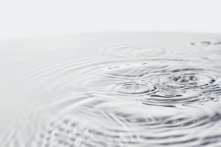 Water drop close up with ripples and waves on white background.の素材