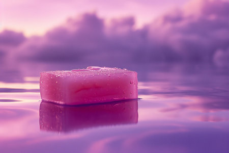 Soap on the water surface with reflection and clouds in the backgroundの素材