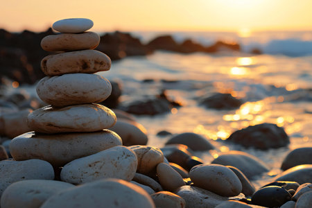 Stack of zen stones on the beach at sunset. Zen conceptの素材