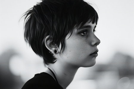 portrait of beautiful girl with short hair, black and white photoの素材