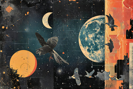 Grunge background with a bird on the moon and stars.の素材