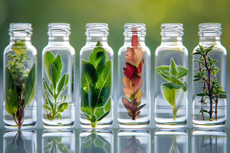 Herbs in a glass vials. Herbs growing in glass bottlesの素材