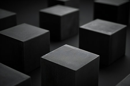 Black cubes in a row on a black background.の素材