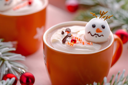 Cup of hot cocoa with marshmallow snowman and christmas decorations on pink backgroundの素材