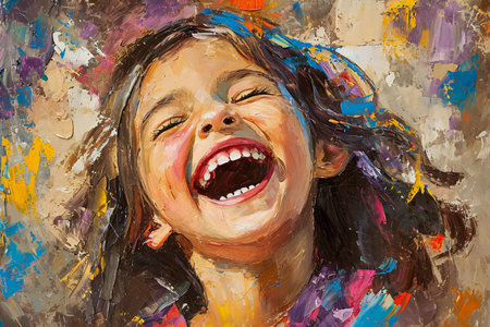 Digital painting of a young girl laughing with her mouth wide open.の素材