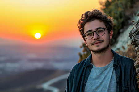 Portrait of a handsome young man with glasses on the background of the sunsetの素材