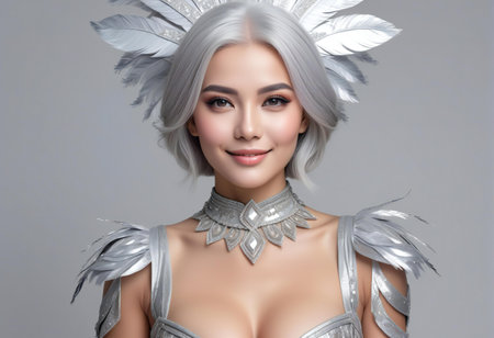 Portrait of a beautiful woman in silver armor with feathers on gray backgroundの素材