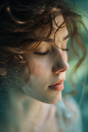 Portrait of a beautiful young woman with wet hair, close upの素材